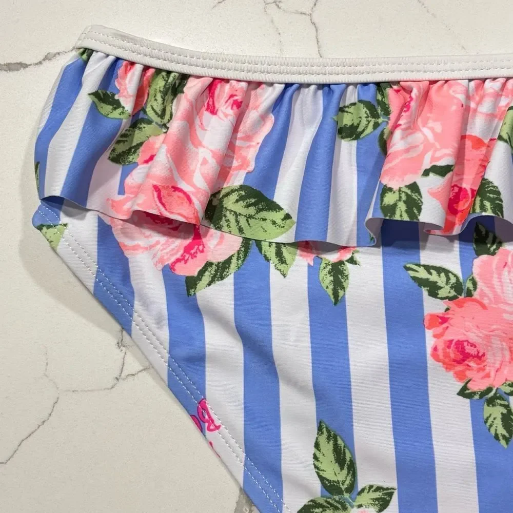 Betsey Johnson Girls Blue Striped Floral Ruffles Bikini Bottom 2 PC Swim Suit 12